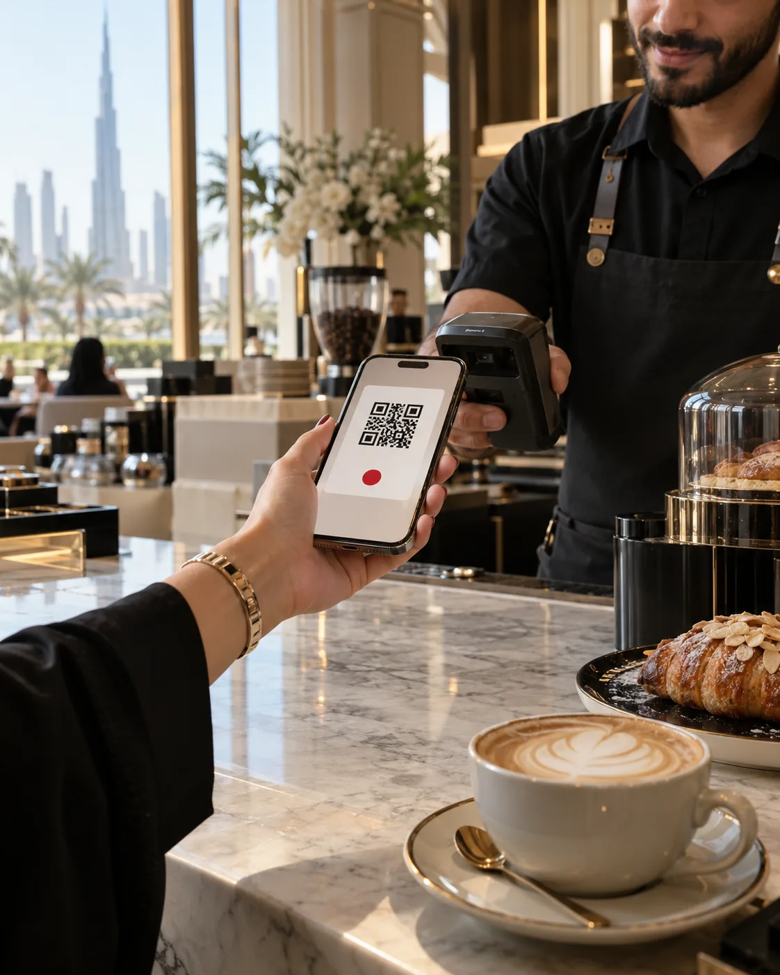 A guest showing their club card on a phone at a café counter